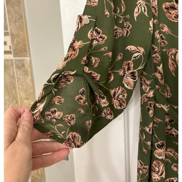 Verse Olive Green & Pink Floral Tie Wait 3/4 Sleeve V Neck Made in USA Med - Picture 5 of 10
